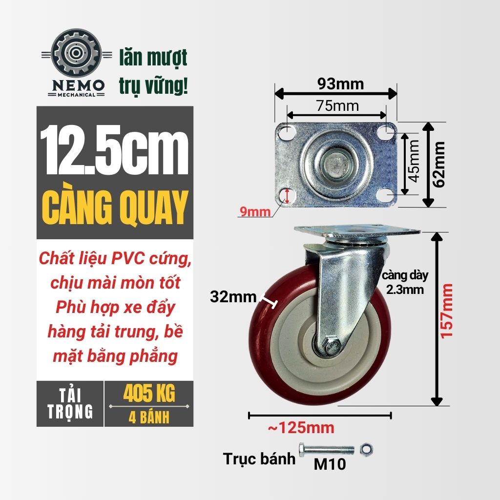 Bánh Xe Đẩy PVC Đỏ Mận – Càng Thép Dày 2.3mm (D75, D100, D125)